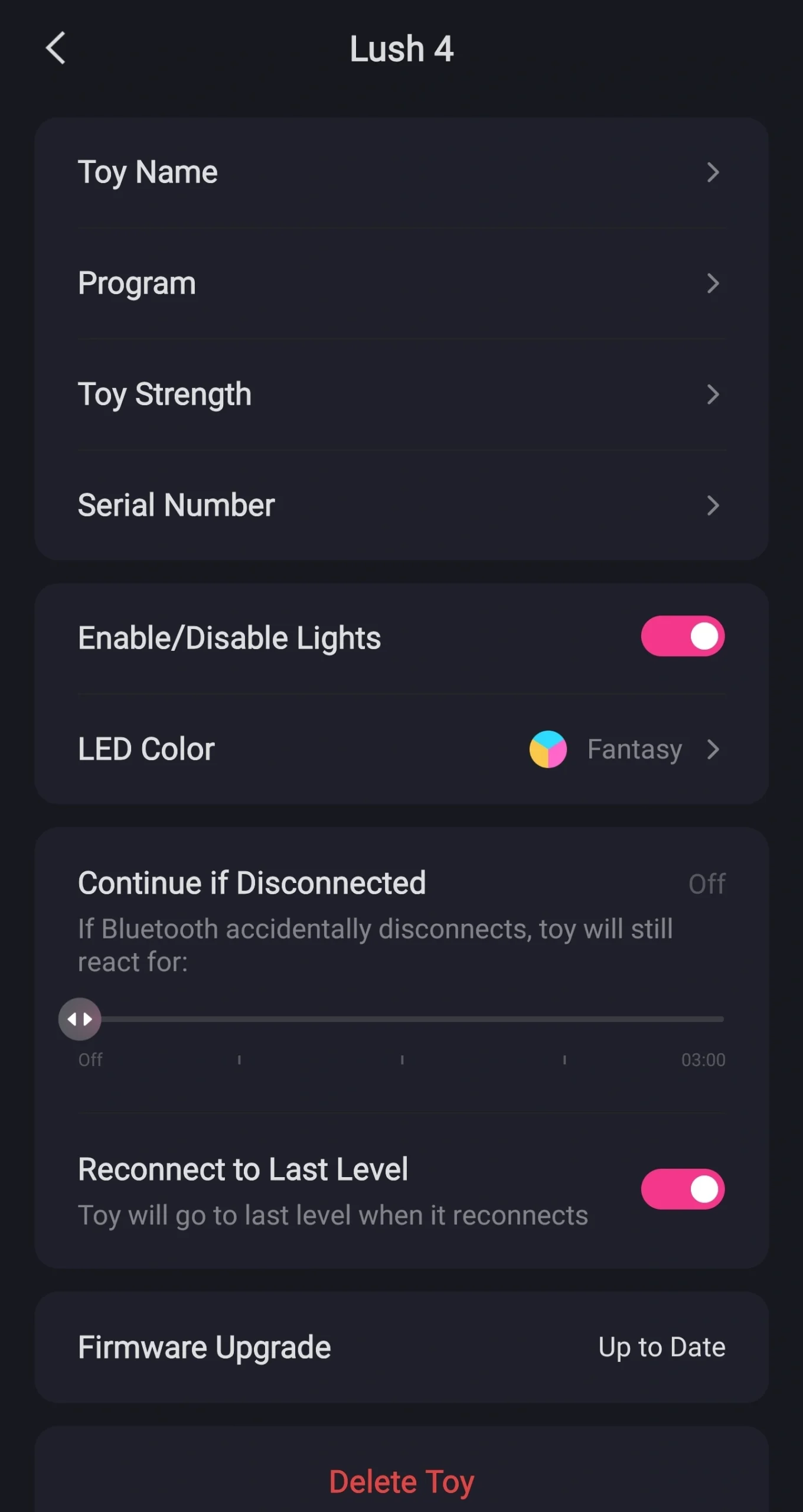 Lush 4 Settings Page