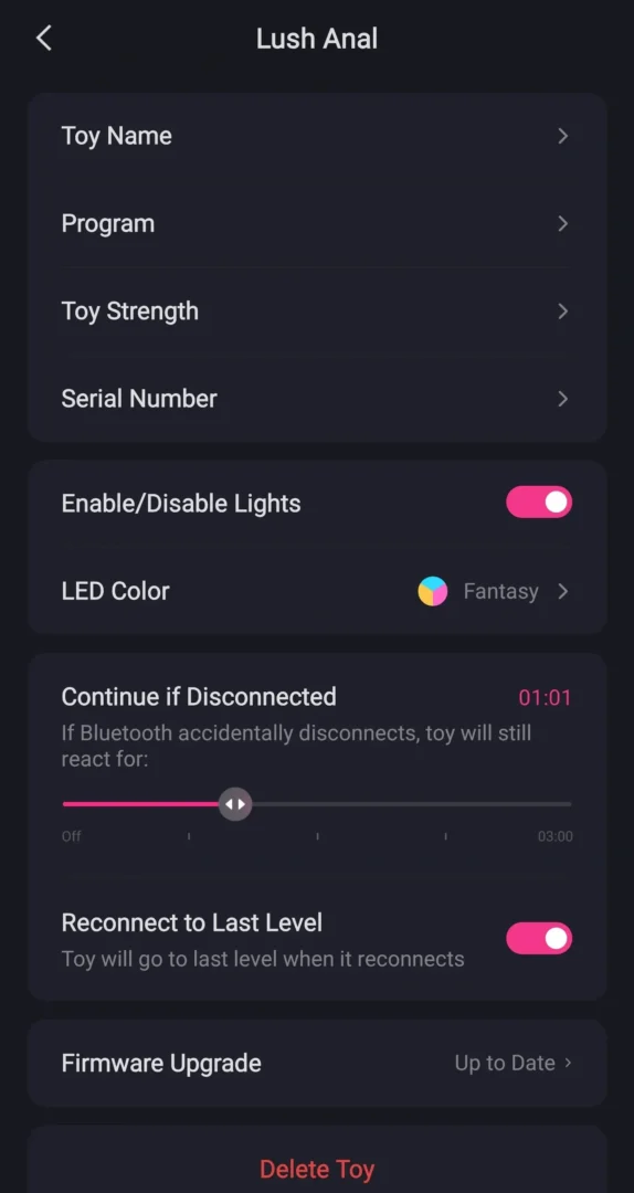 Lovense Remote Lush Anal Settings Page